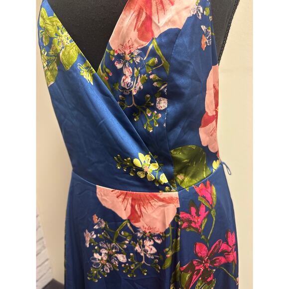 Lulu's Blue Floral Faux Wrap Formal Satin-like Prom Maxi Dress, Low Back SZ MED - Picture 3 of 5
